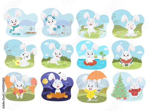 Collection of cute white rabbits in different seasons. Set for calendar or postcards. Funny rabbits. Collection of vector illustrations in cartoon style.