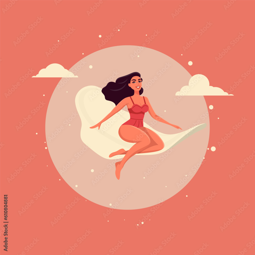 Vector Women Riding Pad on Pink Background. Attractive Beautiful Girl Sitting, Flying on a Sanitary Napkin. Feminine Menstrual Cycle Design. Menstruation Womens Health Concept Banner. Female Hygiene