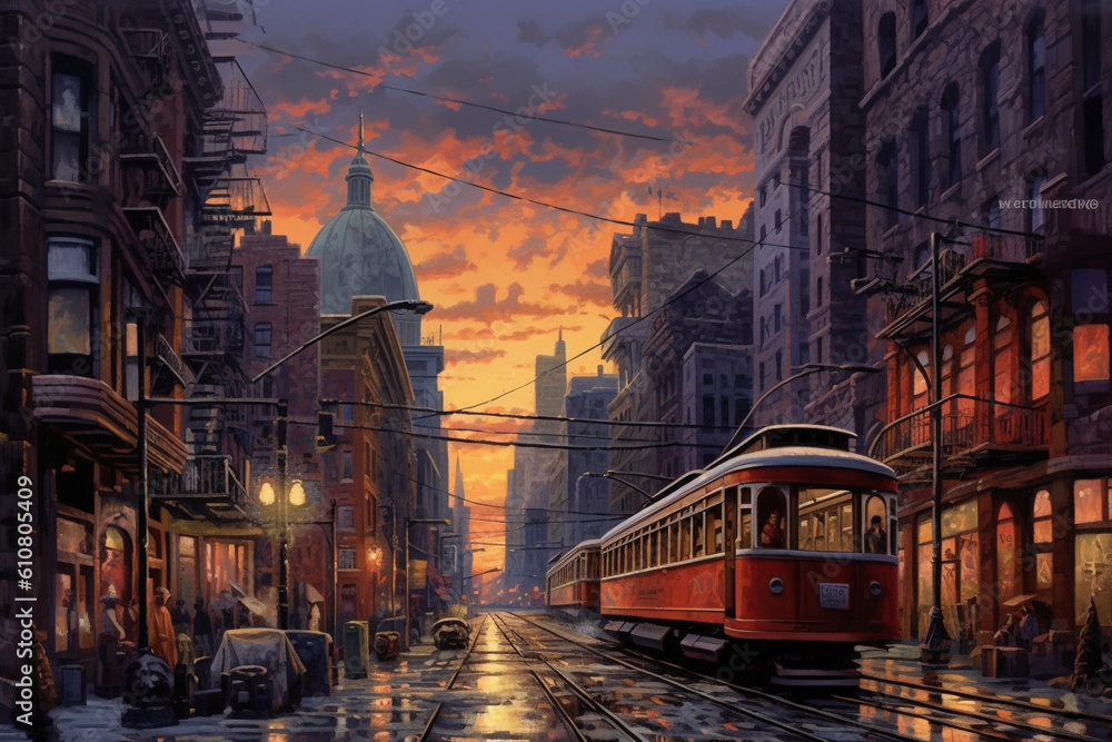 sunset cityscapes with tram
