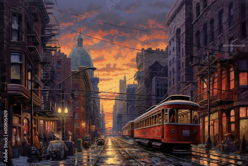 sunset cityscapes with tram