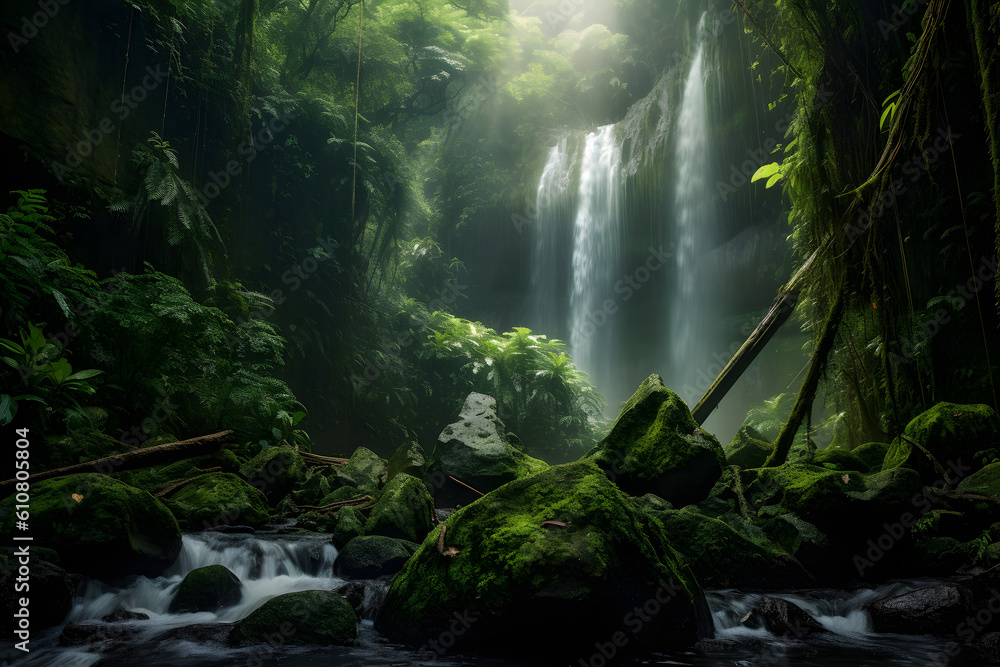 majestic waterfall in a hidden forest, emphasizing the power and tranquility of nature