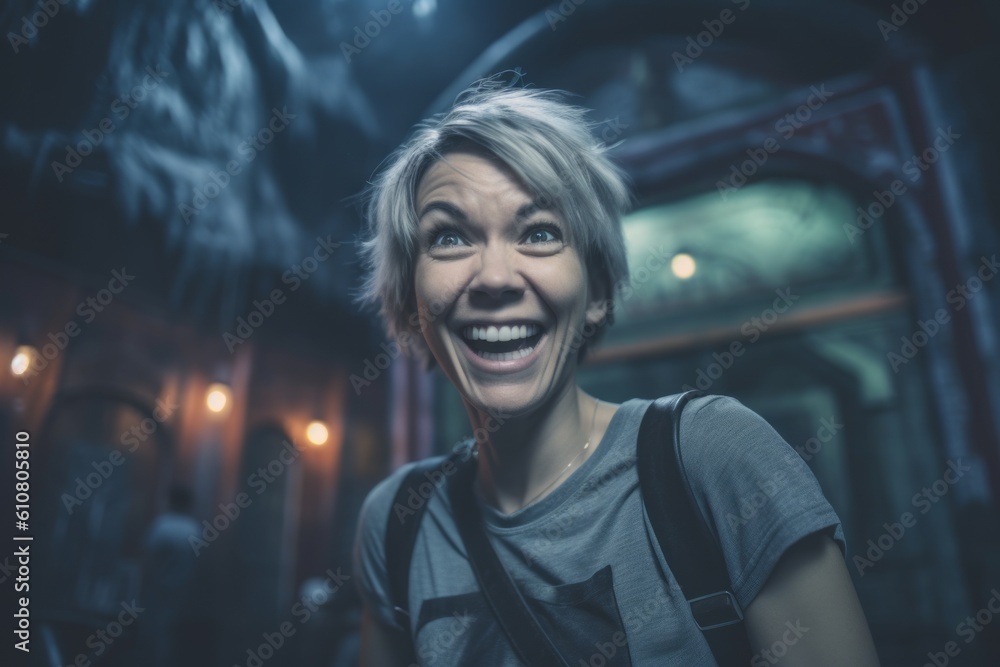 Close-up portrait photography of a cheerful woman in her 40s that is wearing a casual t-shirt against a thrilling haunted house attraction with brave visitors background . Generative AI