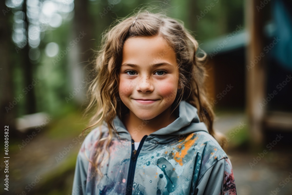 Portrait of a smiling little girl in a raincoat in the forest Portrait of a smiling little girl in a raincoat in the forest