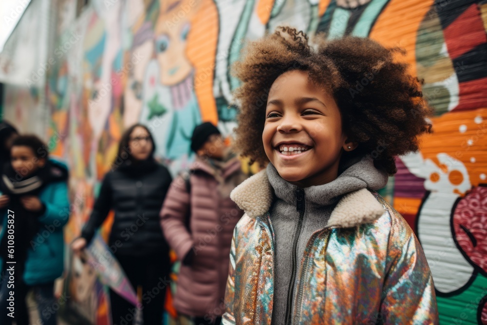 Close-up portrait photography of a grinning child female that is wearing a chic cardigan against an urban street art mural with a crowd gathered background .  Generative AI
