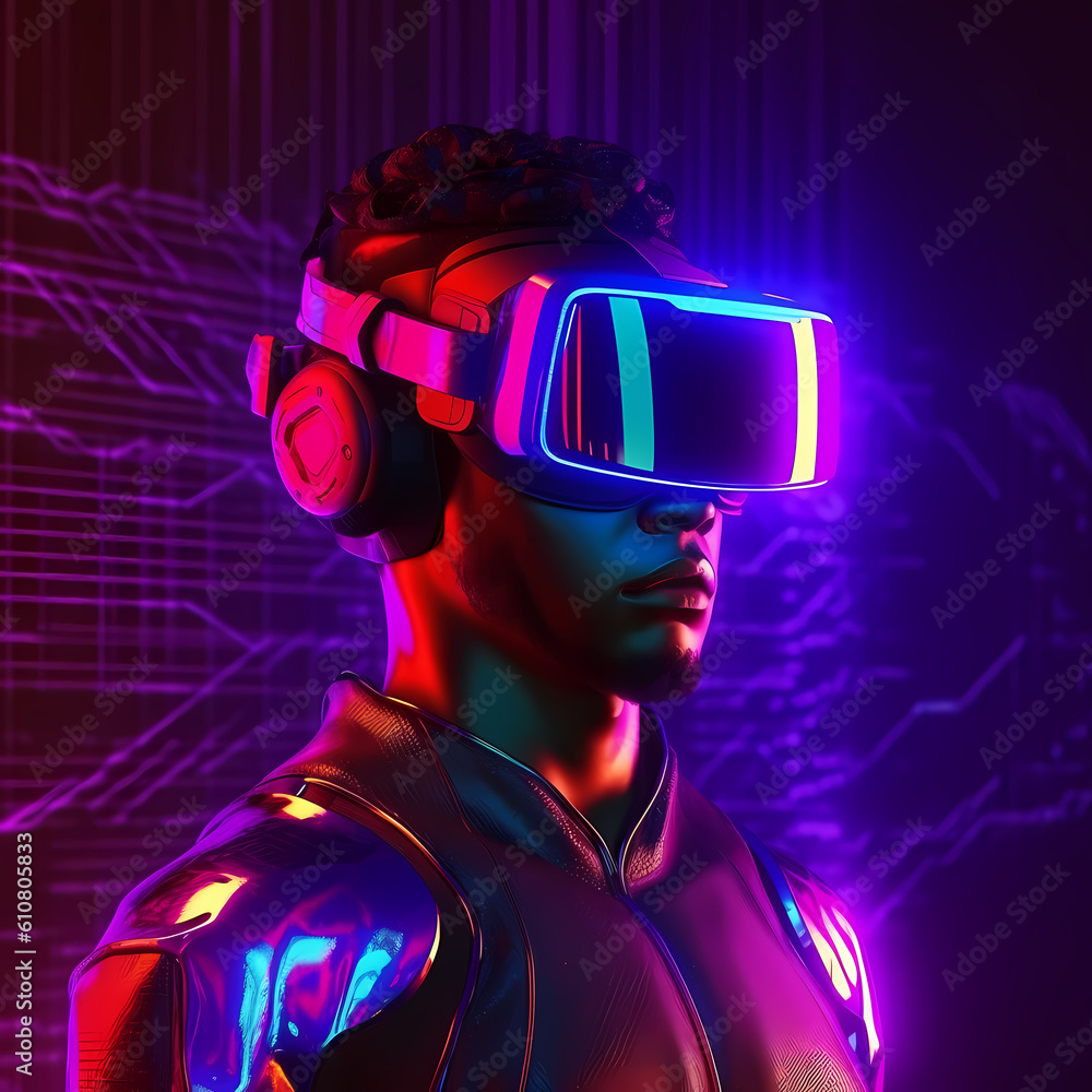3D render Visualization of a man wearing virtual reality glasses, futuristic neon background. User interface, ready for the game in cyber space. Generative AI 3D render Visualization of a man wearing virtual reality glasses, futuristic neon background. User interface, ready for the game in cyber space. Generative AI