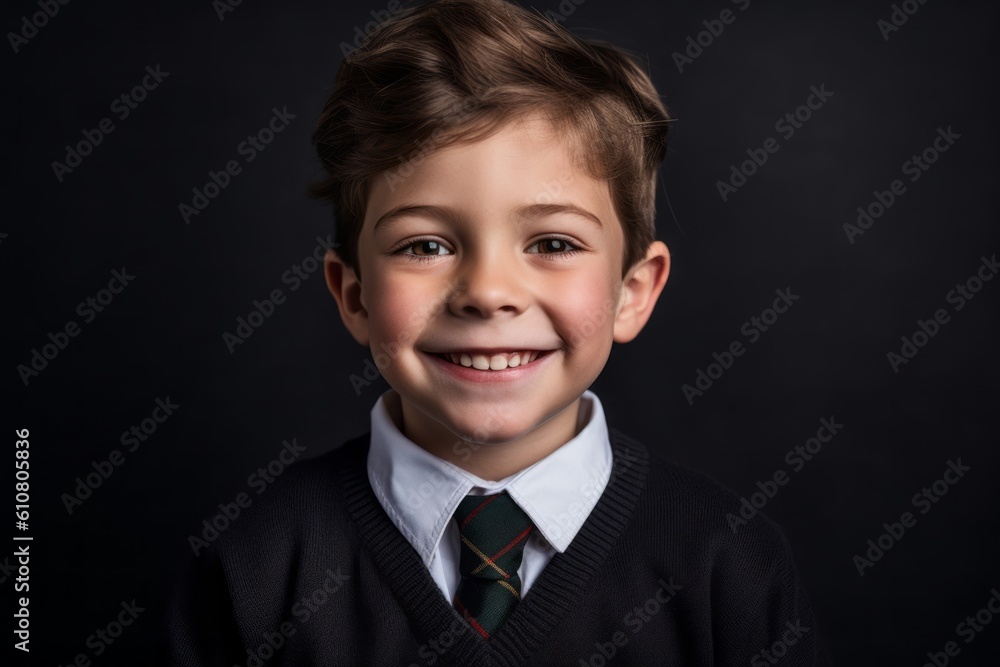 Close-up portrait photography of a grinning child male that is wearing a chic cardigan against a chalkboard or blackboard background . Generative AI Close-up portrait photography of a grinning child male that is wearing a chic cardigan against a chalkboard or blackboard background . Generative AI