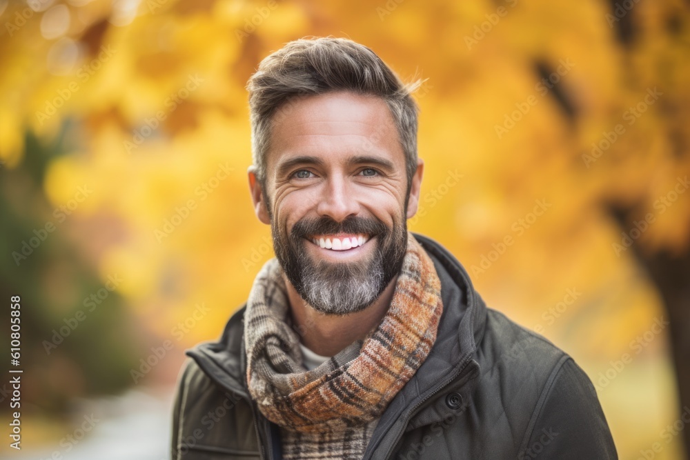 Portrait of a handsome mature man smiling at the camera in an autumn park