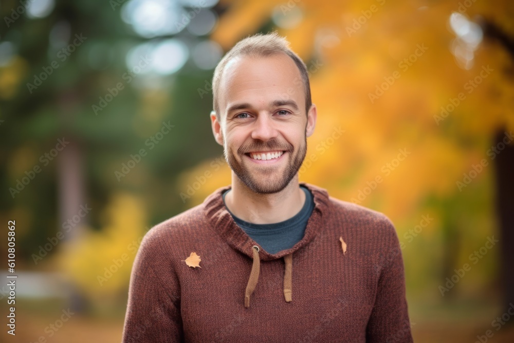 Portrait of a handsome young man smiling at the camera in the autumn park Portrait of a handsome young man smiling at the camera in the autumn park