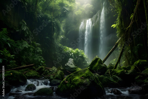 majestic waterfall in a hidden forest, emphasizing the power and tranquility of nature