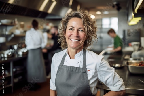 Portrait of female chef smiling at camera in kitchen of restaurant or hotel