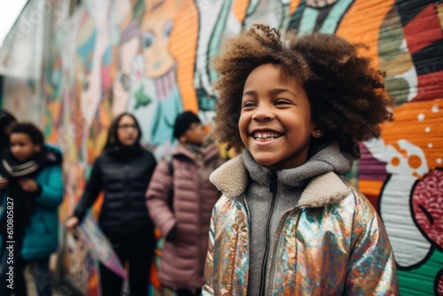 Close-up portrait photography of a grinning child female that is wearing a chic cardigan against an urban street art mural with a crowd gathered background . Generative AI