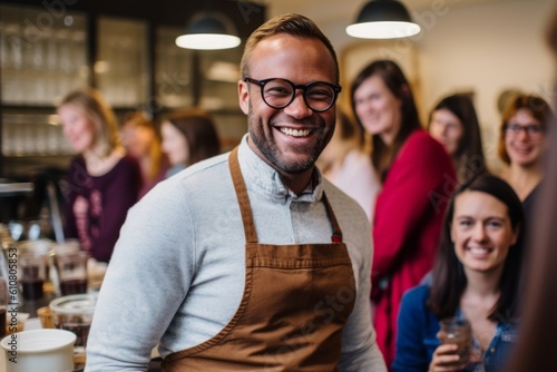 Portrait of smiling barista standing in coffee shop with colleagues in background