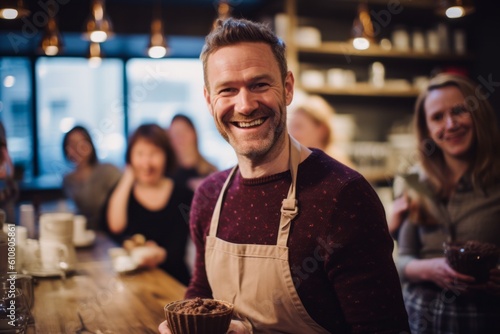 Portrait of happy male barista smiling at camera in coffee shop
