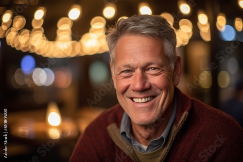 Portrait of a senior man smiling in a restaurant, close up