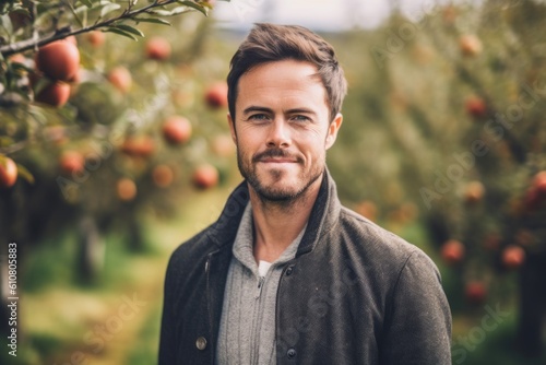 Portrait of a handsome young man standing in an orchard and smiling