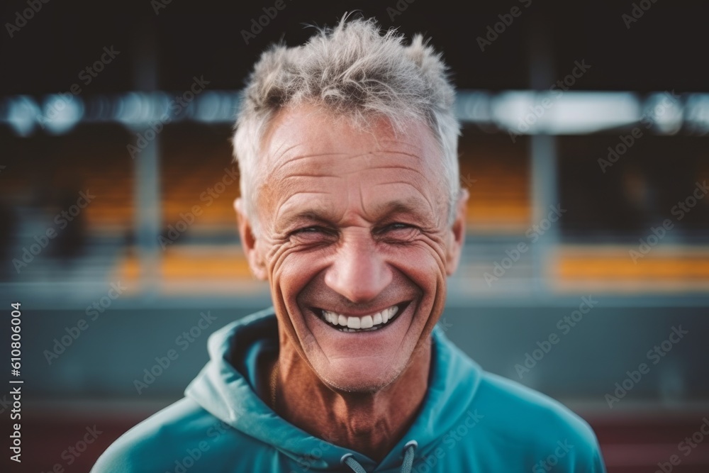 Medium shot portrait photography of a grinning man in his 50s that is wearing a trendy jumpsuit against a sports field or stadium background . Generative AI Medium shot portrait photography of a grinning man in his 50s that is wearing a trendy jumpsuit against a sports field or stadium background . Generative AI