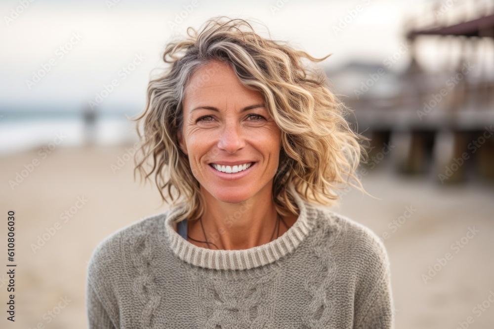 Portrait of smiling woman standing on beach with surfboard in background