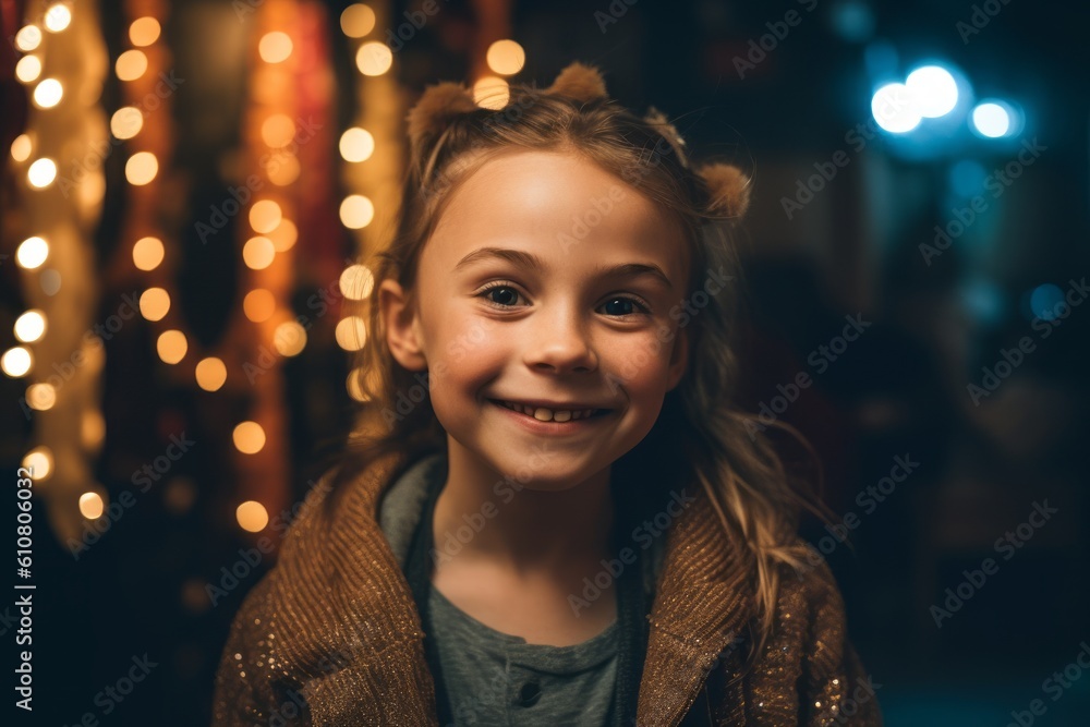 portrait of smiling little girl looking at camera on christmas lights background portrait of smiling little girl looking at camera on christmas lights background
