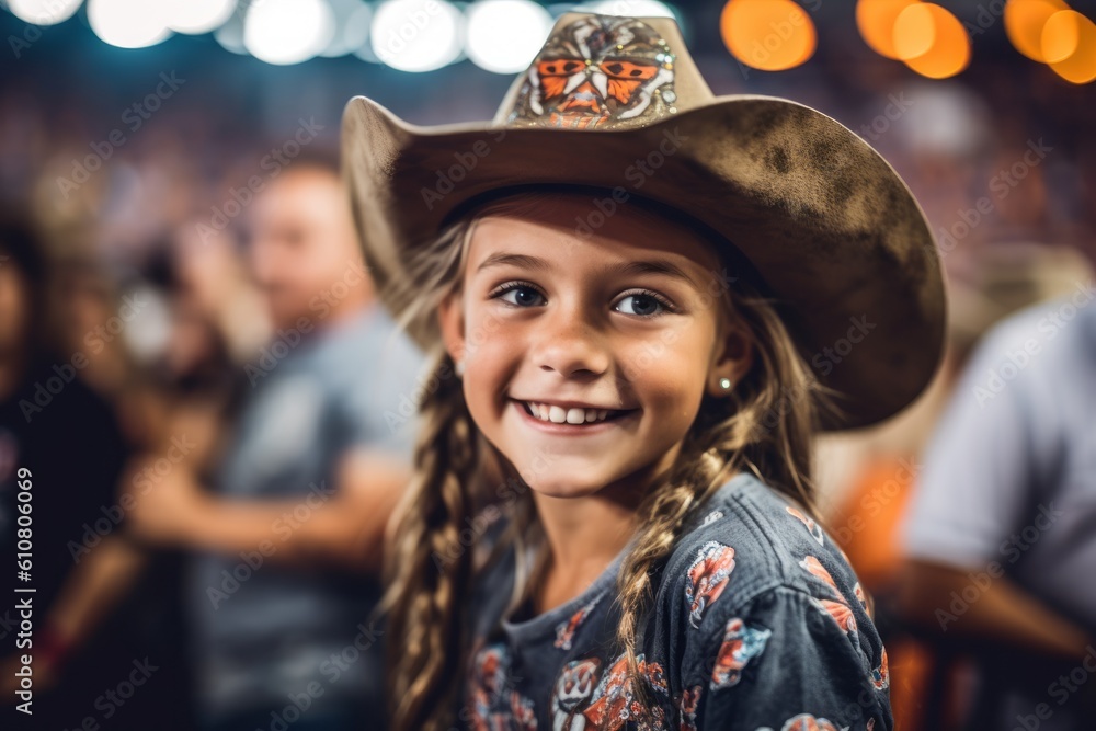 Close-up portrait photography of a pleased child female that is wearing a fun graphic tee against a lively rodeo event with barrel racing and bull riding background . Generative AI