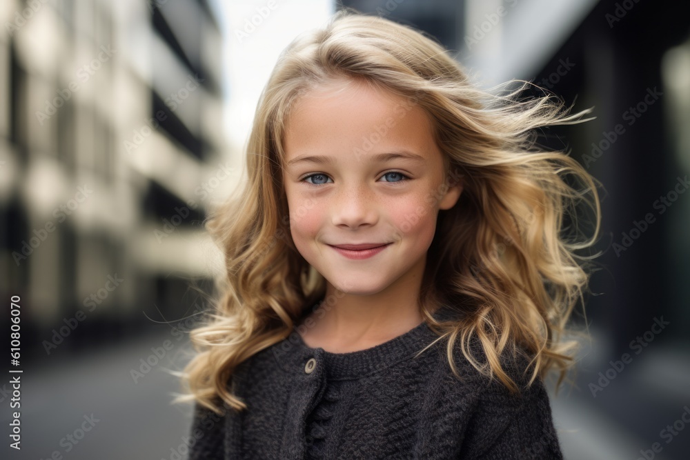 Obraz premium Portrait of a cute little girl with long blond hair in the city