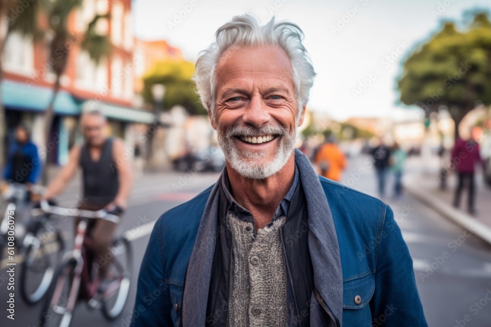 Portrait of happy senior man with bicycle on the street in the city Portrait of happy senior man with bicycle on the street in the city