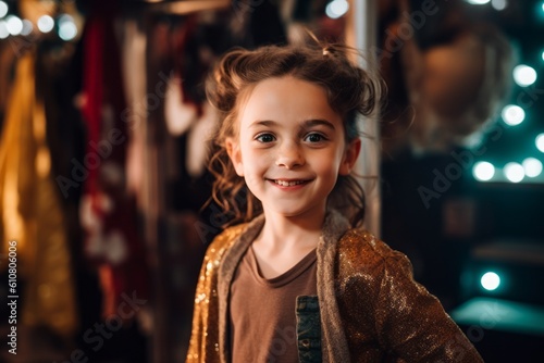 Close-up portrait photography of a pleased child female that is wearing a chic cardigan against a backstage of a theater with costumes and props background . Generative AI