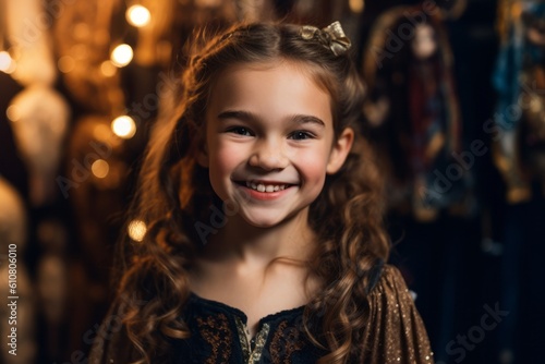 Close-up portrait photography of a pleased child female that is wearing a chic cardigan against a backstage of a theater with costumes and props background . Generative AI