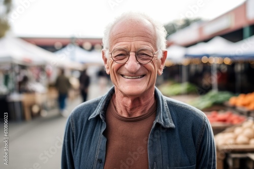 Portrait of senior man smiling at the camera while standing at the market