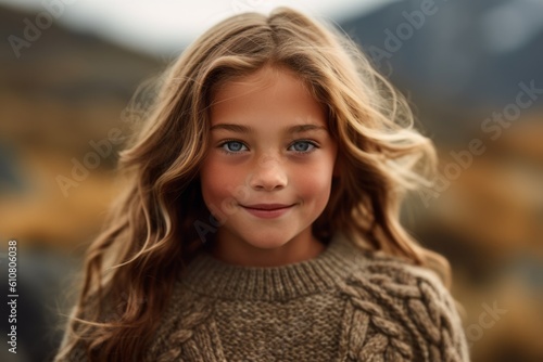 Close-up portrait photography of a pleased child female that is wearing a cozy sweater against a national park or natural wonder background .  Generative AI © Eber Braun