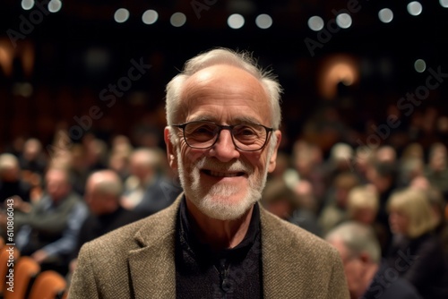 Medium shot portrait photography of a grinning man in his 60s that is wearing a chic cardigan against a beautiful symphony orchestra performance in a concert hall background . Generative AI