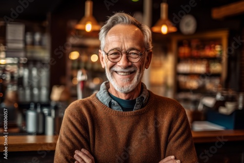 Portrait of smiling senior man standing with arms crossed at bar counter