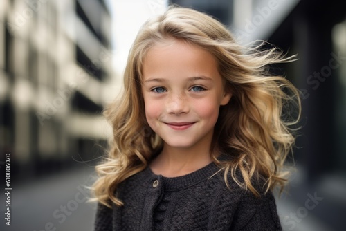 Portrait of a cute little girl with long blond hair in the city