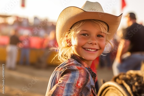 Close-up portrait photography of a pleased child female that is wearing a fun graphic tee against a lively rodeo event with barrel racing and bull riding background . Generative AI