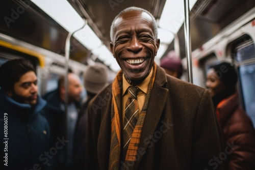 Portrait of smiling senior man standing in subway car and looking at camera