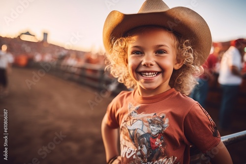 Foto Portrait of a smiling little girl in a cowboy hat on a ranch