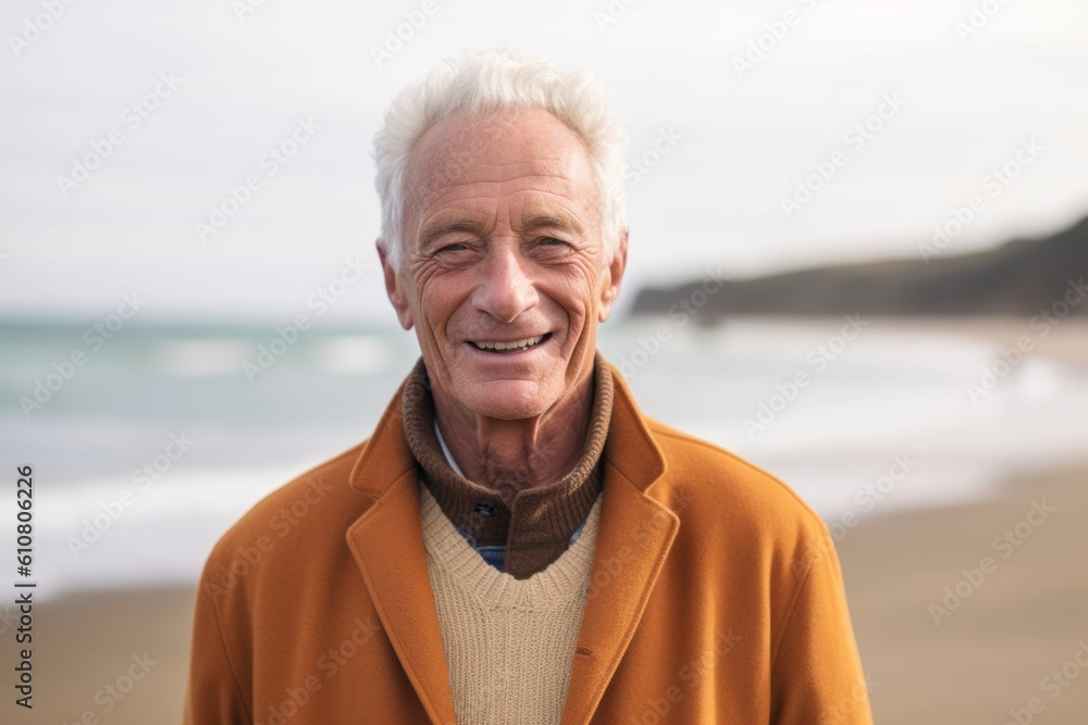 Medium shot portrait photography of a grinning man in his 70s that is wearing a chic cardigan against a beach background .  Generative AI