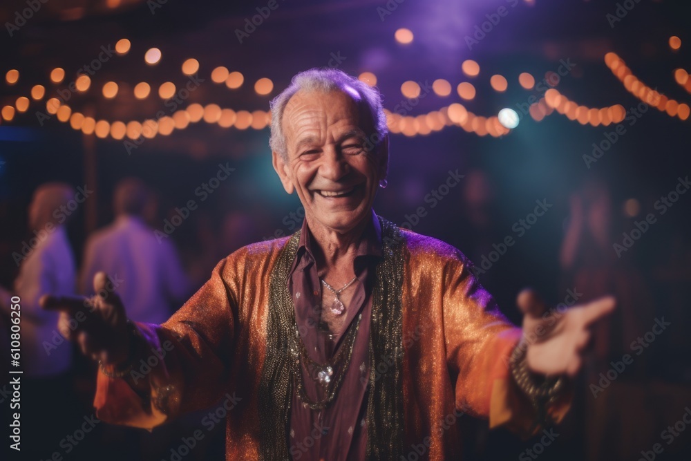 Portrait of a senior asian man dancing in the night club