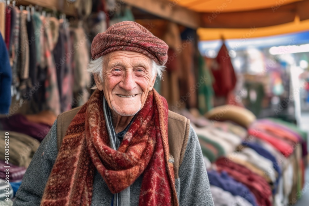 Portrait of an elderly man with a scarf at the flea market