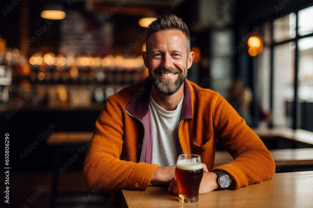 Handsome bearded man drinking beer in pub, smiling and looking at camera.