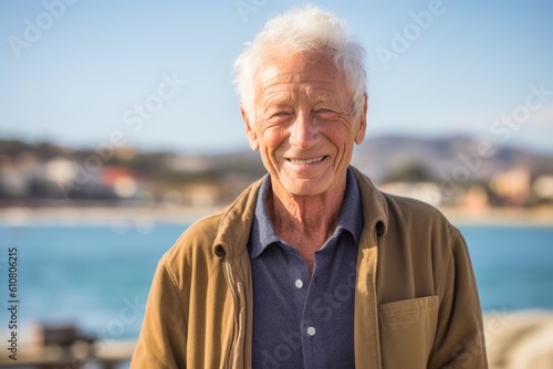 Portrait of happy senior man standing by the sea on a sunny day