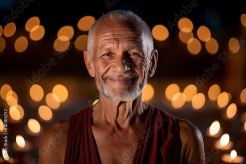 Portrait of smiling senior buddhist monk in a temple. © Leon Waltz
