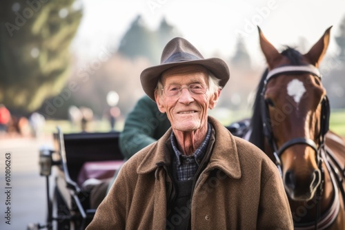 Portrait of a senior man with his horse in the park.