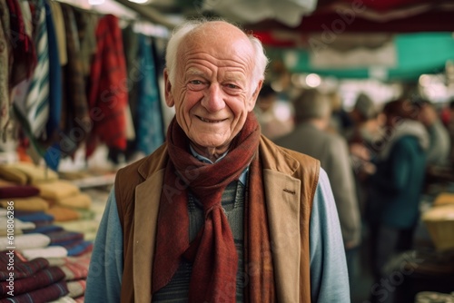 Medium shot portrait photography of a grinning man in his 80s that is wearing a charming scarf against a bustling outdoor flea market background . Generative AI