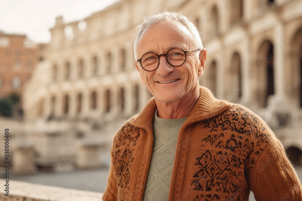 Portrait of a smiling senior man standing in front of the Coliseum in Rome, Italy