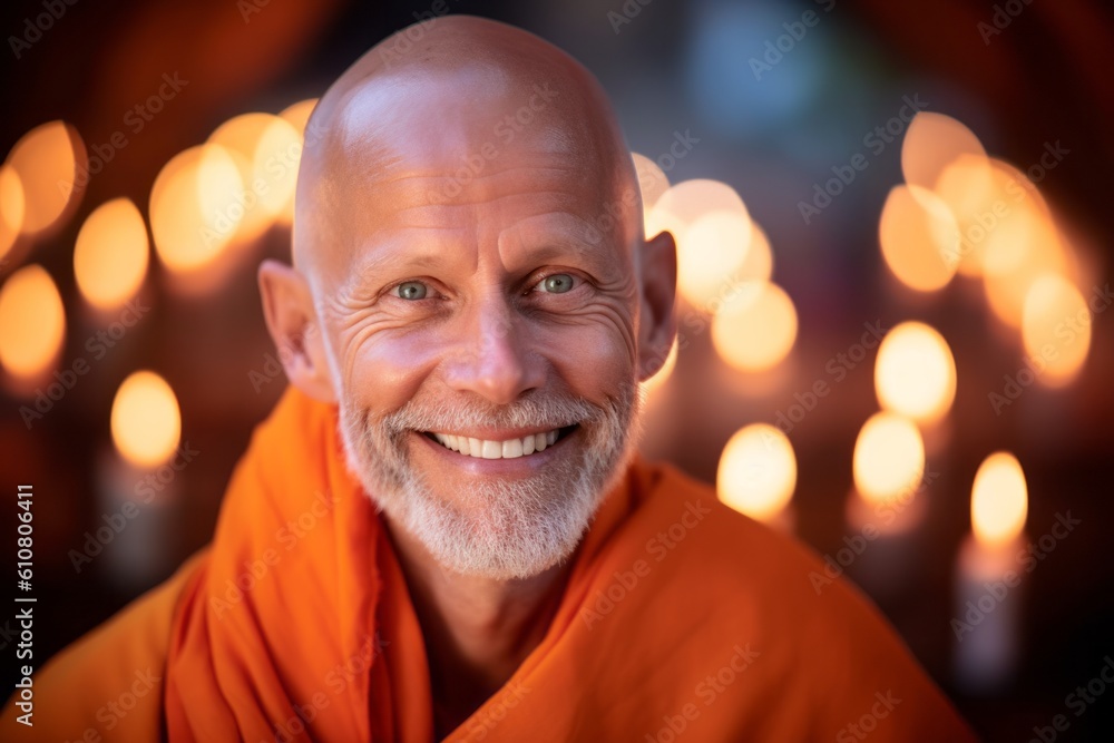 Close-up portrait photography of a pleased man in his 50s that is wearing a foulard against a serene meditation retreat with monks and candles background .  Generative AI