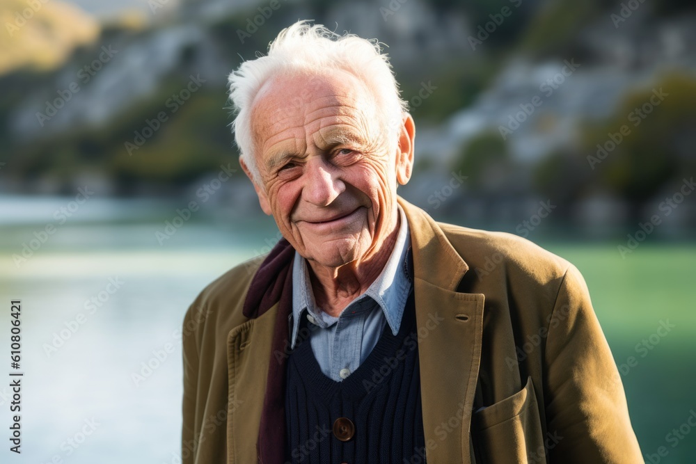 Portrait of senior man standing in front of lake on a sunny day