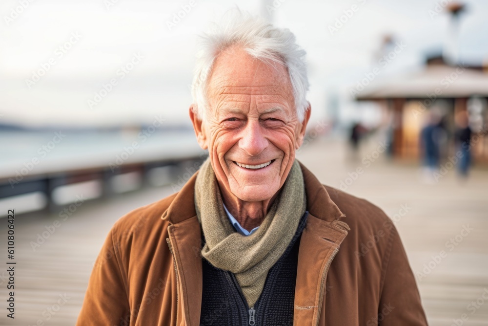 Portrait of a senior man smiling at the camera on a pier
