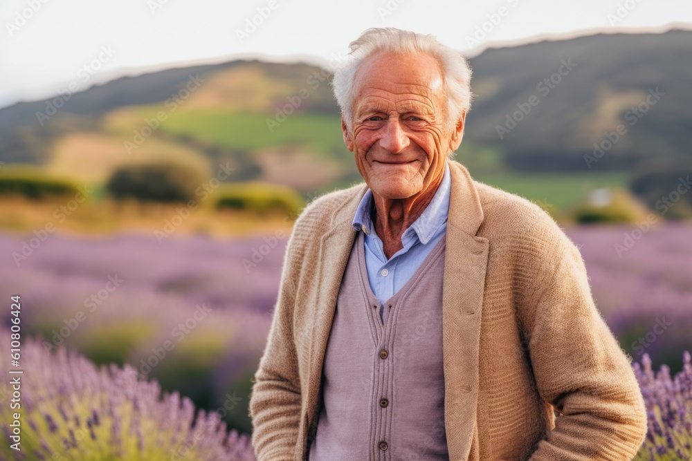 Senior man standing in lavender field and smiling at the camera. Senior man standing in lavender field and smiling at the camera.