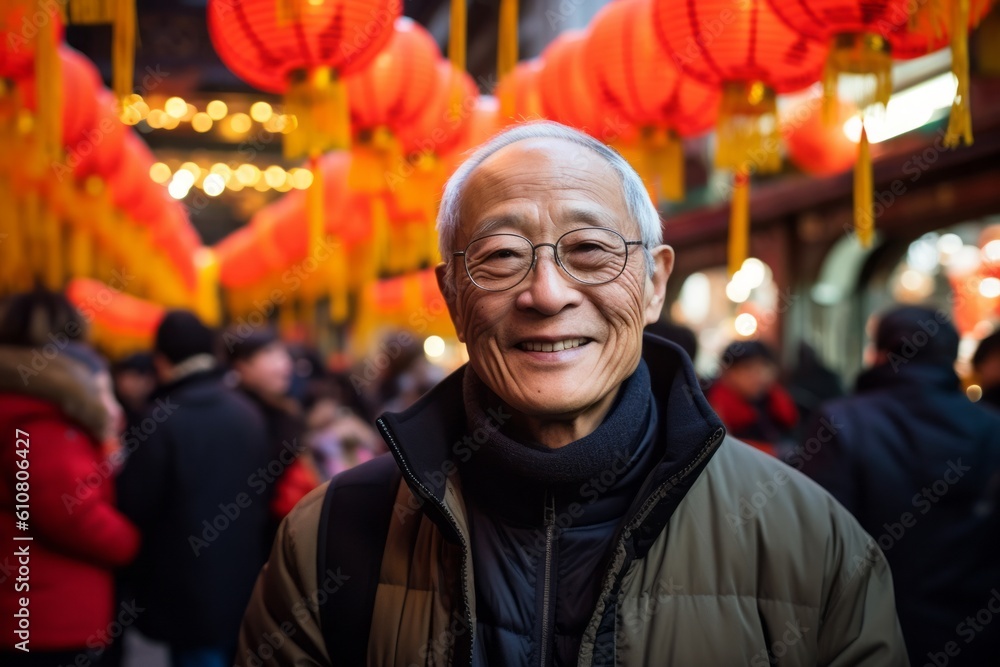 Portrait of an asian senior man at the christmas market