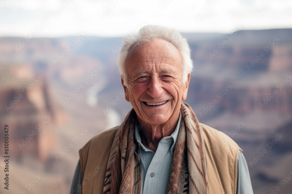 Medium shot portrait photography of a pleased man in his 70s that is wearing a chic cardigan against a canyon or desert landscape background .  Generative AI